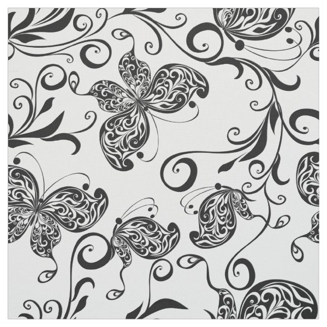 Tela Patrón de flores y mariposas blancas y negras (Retal)