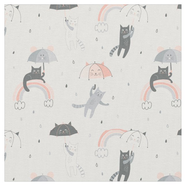 Tela Patrón de gatos con lluvia corta (De cerca)