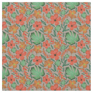 Tela Patrón de Gris foliar Tropical Hibiscus Monstera