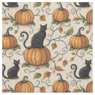 Tela Patrón de Halloween de Gatos Negros y Calabazas