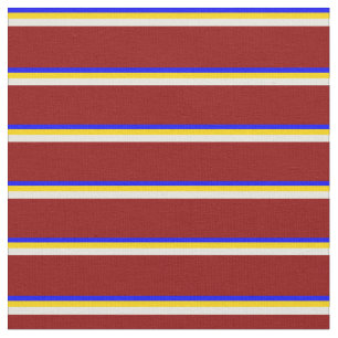 Tela Patrón de lino azul, amarillo, beige y rojo oscuro
