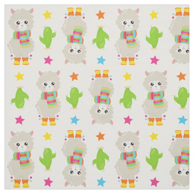 Tela Patrón De Llamas, Llamas Cutas, Alpacas, Cactus (Retal)