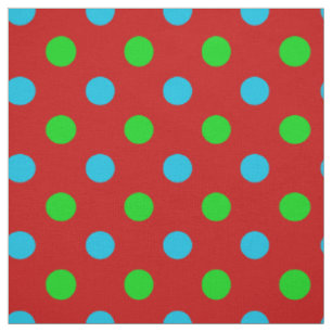 Tela Patrón de lunares azules y verdes sobre rojo