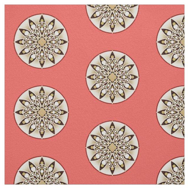 Tela Patrón de Mandala, coral, marrón y beige (Retal)