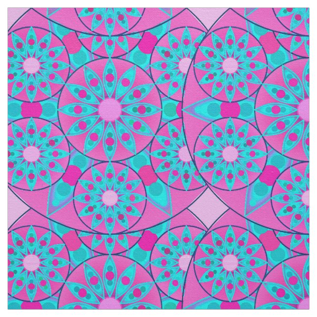 Tela Patrón de Mandala, fucsia, rosa y turquesa (Retal)
