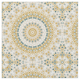 Tela Patrón de Mandala Geométrica Dorada y Verde