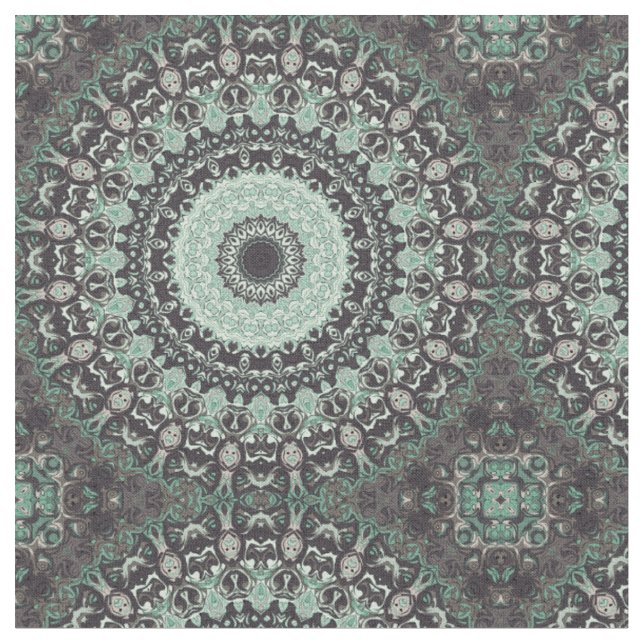Tela Patrón de Mandala Verde Menta y Carbón (De cerca)