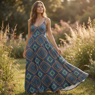 Tela Patrón de mosaico de la Moda Boho de la etnia azul