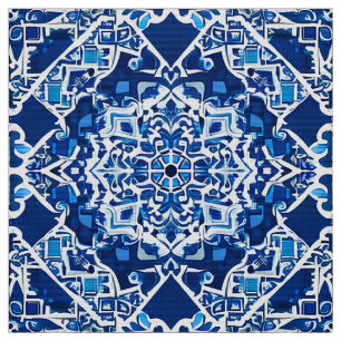 Tela Patrón de mosaico en azul índigo y cobalto