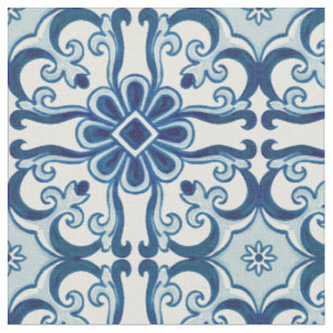 Tela Patrón de mosaico floral azul de Azulejos portugué
