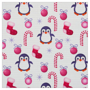 Tela Patrón de Navidades blancos y rosados con pingüino