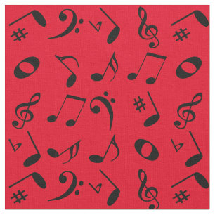 Tela Patrón de notas de música en negro en rojo