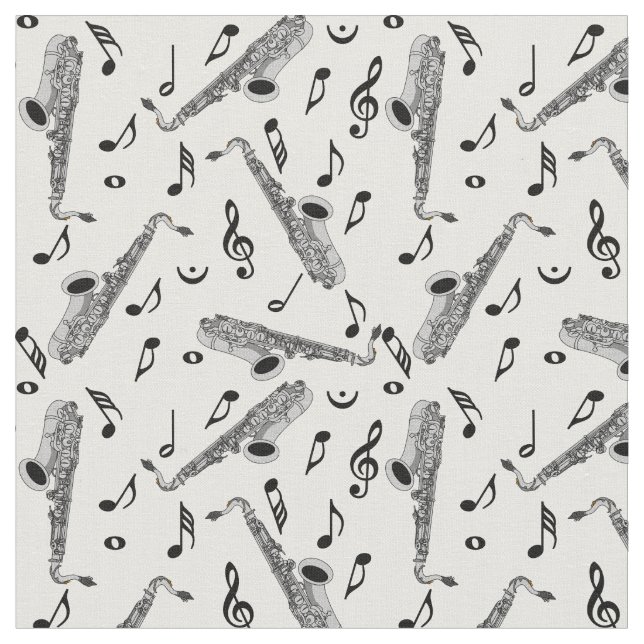 Tela Patrón de notas de música saxofónica gris (De cerca)