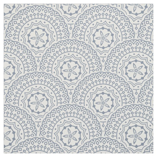 Tela Patrón de ondas de mandala azul sobre fondo blanco (Retal)