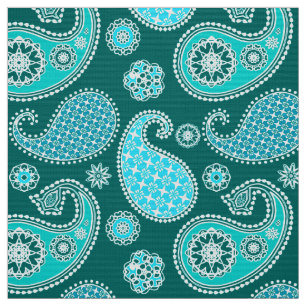 Tela Patrón de paisley, Verde azulado, Aqua y Blanco