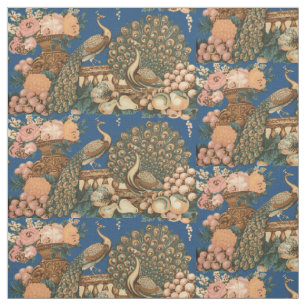 Tela Patrón de pavos reales, frutas y flores de la era 