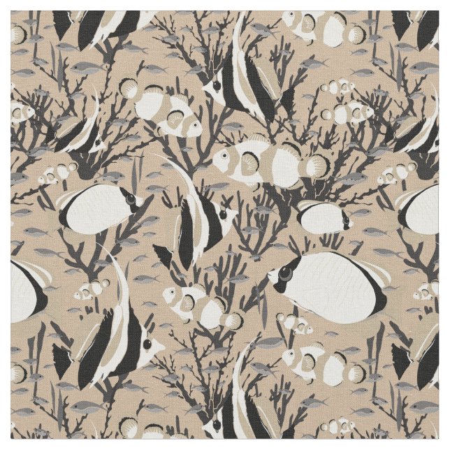 Tela Patrón de peces tropicales en Taupe (De cerca)