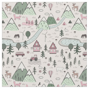 Tela Patrón de pueblo agrícola escandinavo rosa 