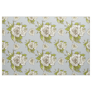Tela Patrón de rosas blancas vintage Énfasis verde 2
