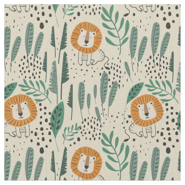 Tela Patrón de selva tropical de león de Doodle lindo (De cerca)