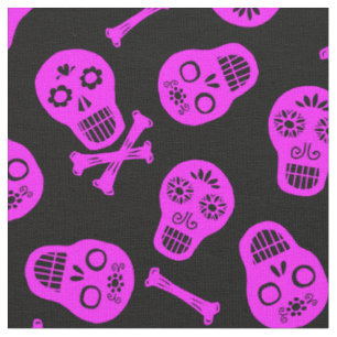 Tela Patrón de Skulls de papel rosa de los Muertos