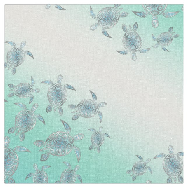 Tela Patrón de tortugas marinas turquesas plateadas (De cerca)