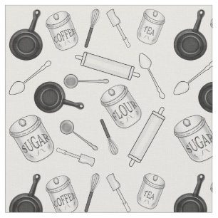 Tela Patrón de utensilios de cocina - Blanco y negro