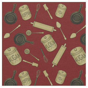 Tela Patrón de utensilios de cocina - Sepia en rojo os