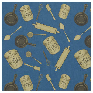 Tela Patrón de utensilios de cocina - Sepia sobre azul 