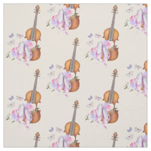 Tela Patrón de violín, zapatillas de ballet y mariposas