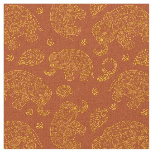 Tela Patrón Elephant Paisley en Oro y Marrón (De cerca)
