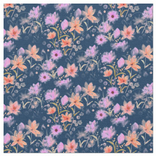 Tela Patrón floral azul marino y rosa Rubor