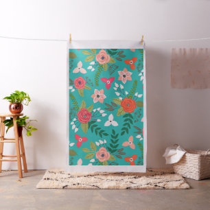 Tela Patrón floral azul verdoso y coral