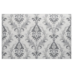 Tela Patrón Floral de Damasco Barroco Gris Plateado
