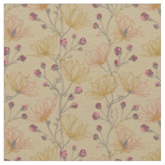 Tela Patrón floral de frambuesa y mostaza taupe