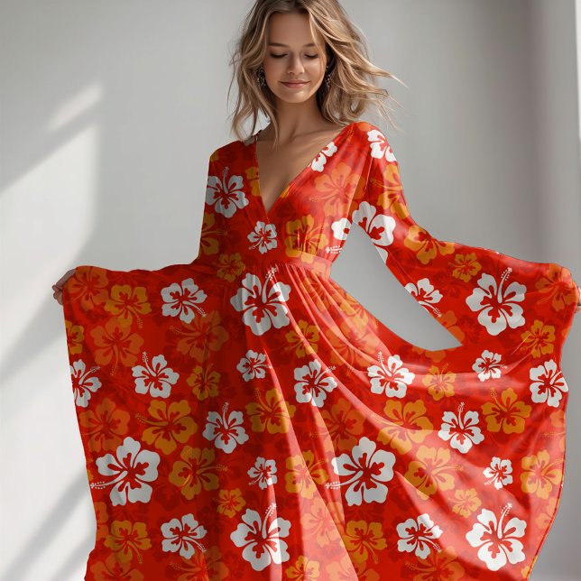 Tela Patrón floral de Hibiscus tropical hawaiano (Tropical summer bright orange hibiscus pattern)