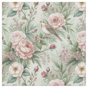 Tela Patrón Floral de Pájaro y Rosa de Jardín Inglés An