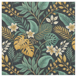 Tela Patrón floral dorado de Monstera y flores tropical