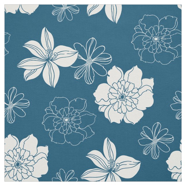 Tela Patrón floral gráfico blanco y azul (Retal)