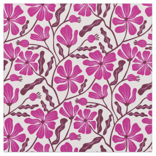Tela Patrón floral moderno de mediados de siglo Magenta
