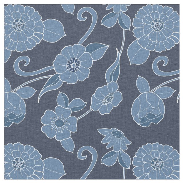 Tela Patrón floral negrita azul blanco de Hamptons (De cerca)