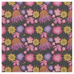 Tela Patrón Floral Negro de Flor Silvestre
