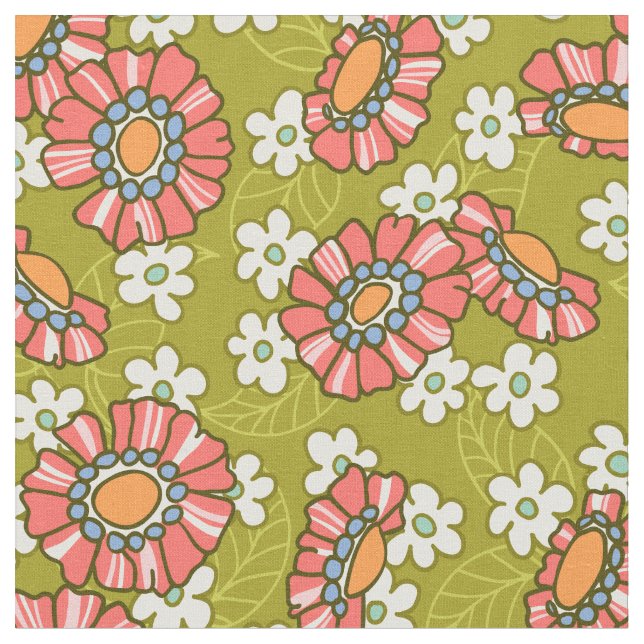 Tela Patrón floral retro verde y rosa (De cerca)