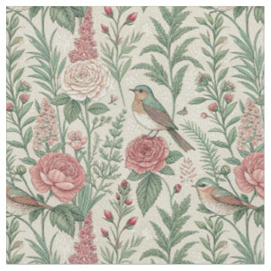Tela Patrón floral vintage de jardín inglés con pájaros