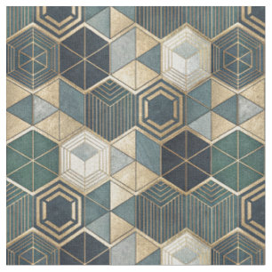 Tela Patrón geométrico abstracto azul turquesa y dorado