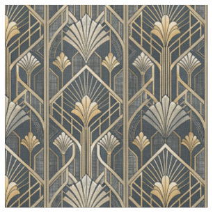 Tela Patrón geométrico Art Déco en oro y negro carbón
