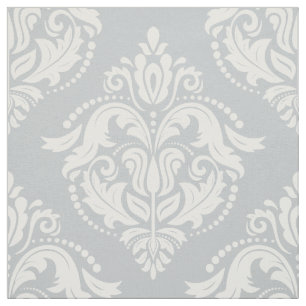 Tela Patrón geométrico de Damasco floral blanco y gris 