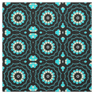 Tela Patrón geométrico floral turquesa y negro