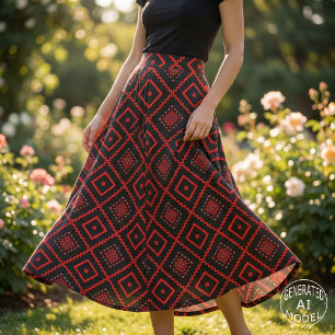 Tela Patrón geométrico tribal azteca Kilim rojo y negro