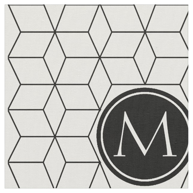 Tela Patrón geométrico y monogramado Blanco y negro (De cerca)